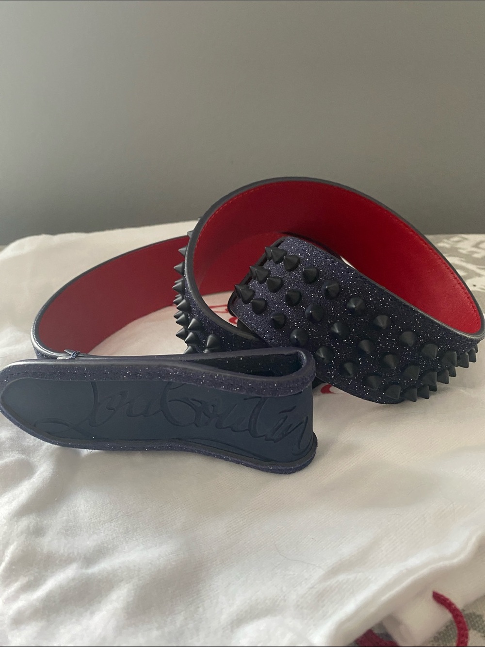 Christian Louboutin Dark Blue Glitter Spike Belt with Red Interior with Dust Bag